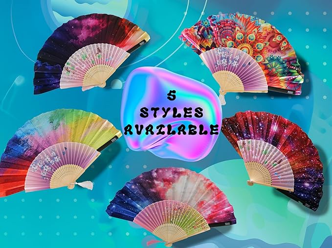 Rave Fan - Large Folding Fans (2 Pack) - Galaxy Rave Accessories for Festivals, EDM, Burlesque, Drag Queen, Raver Gifts