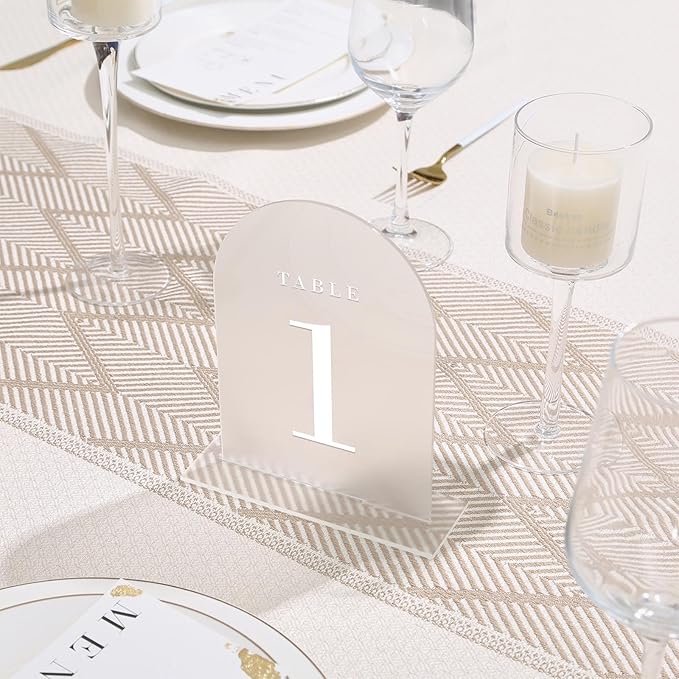 UNIQOOO Frosted Arch Wedding Table Numbers with Stands 1-30, 5x7" Acrylic Display Signs and Holders, Pack of 30, Perfect for Centerpiece, Reception, Decoration, Party, Anniversary, Event