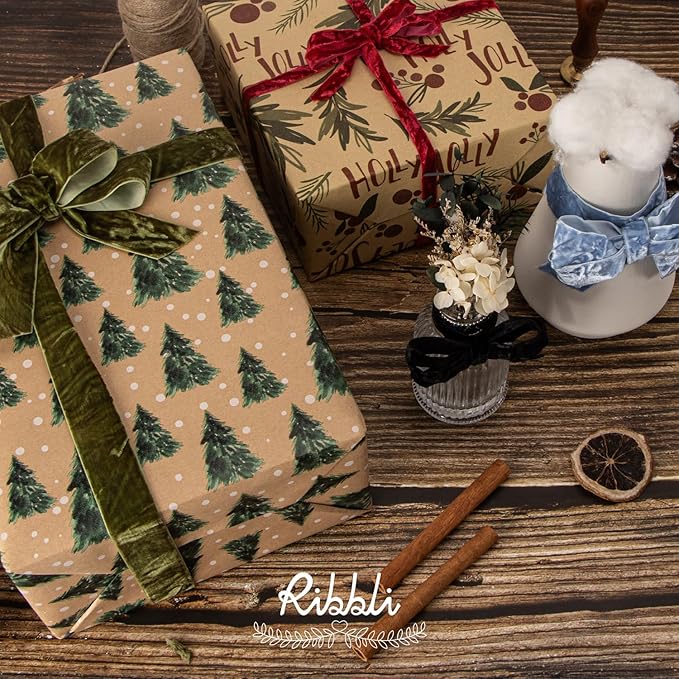 Ribbli Moss Green Velvet Ribbon 1 Inches Luxury Crinkled Green Christmas Ribbon for Gift Wrapping Crafts Home Decor-Continuous 10 Yard