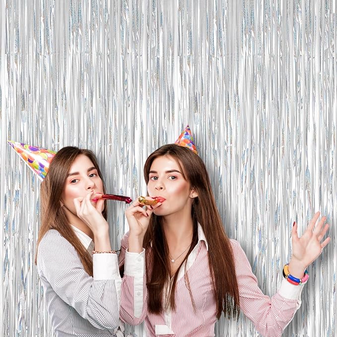 2 Pack Laser Silver Foil Fringe Backdrop Curtains, Tinsel Streamers Birthday Party Decorations, Fringe Backdrop for Graduation, Baby Shower, Gender Reveal, Disco Party