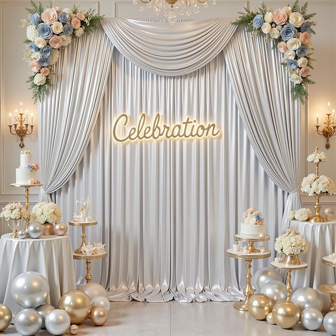 PartyVillage 20x10FT Silver Sequin Backdrop Curtain -4 Panels 5x10FT Wrinkle Free Shimmer Back Drop Cloth, Glitter Backdrop Drapes for Photography, Birthday, Wedding, Graduation Background