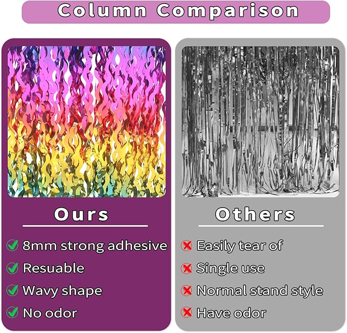 4 Pack Wavy Rainbow Foil Fringe Curtain | 3.3x6.6ft Colorful Tinsel Metallic Streamers Holiday Photo Booth Props Backdrop for Engagement Bridal Shower Unicorn Party Decorations