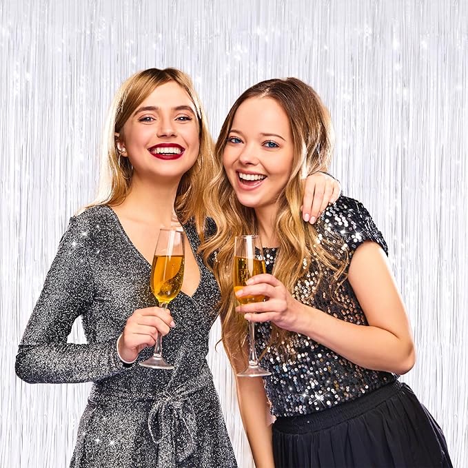 2 Pack White Metallic Tinsel Foil Fringe Curtains, Door Streamers Photo Booth Backdrop for Birthday Party, Tinsel Curtain Backdrop for Baby Shower Bachelorette Christmas Party Decorations