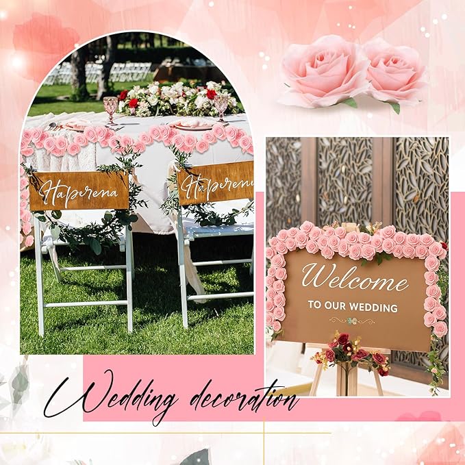2 Pcs Pink Artificial Rose Vine Hanging Faux Flowers Garland for Wedding Anniversary Birthday Party Background Arch Garden Home Wall Room Decor