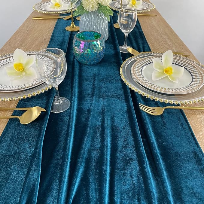Luxurious Velvet Table Runner, 10ft Wedding Reception Decorations, 20x120inch Soft Velvet Fabric, Table Linen Overlay, Wedding Table Runners (Peacock Blue, 20X120inch)