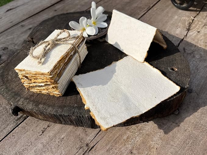 Wanderings Vintage Handmade Deckle Edge Folded Paper – Folded to 3.5"x2" – 150 GSM - 50-Pack – Textured Cotton Paper – Ideal for Place Cards, Blank Name Cards, Table Settings, Gift Tags, Love Notes
