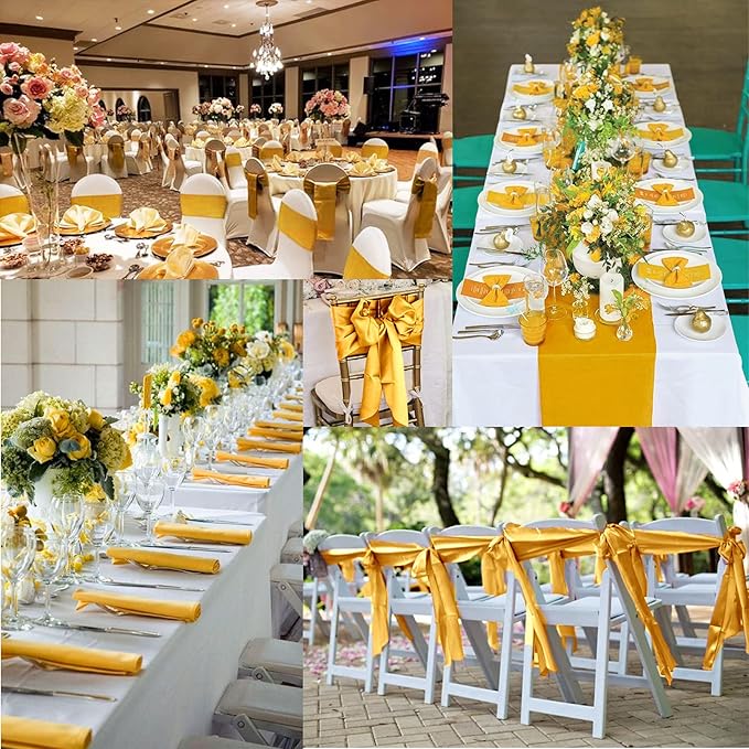 12 Pack Gold Satin Table Runner,12 x 108 inch Long Premium Smooth Table Runner for Wedding, Banquets, Birthday, Party, Graduation, Engagements, Table Runners fit Rectangle and Round Table