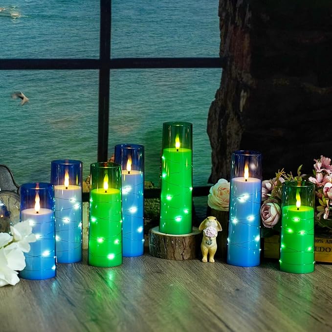 Flameless LED Candles with Timer 9 Pc Flickering Flameless Candles for Romantic Ambiance and Home Decoration Stable Acrylic Shell,with Embedded Star String,Battery Operated Candles(Blue)