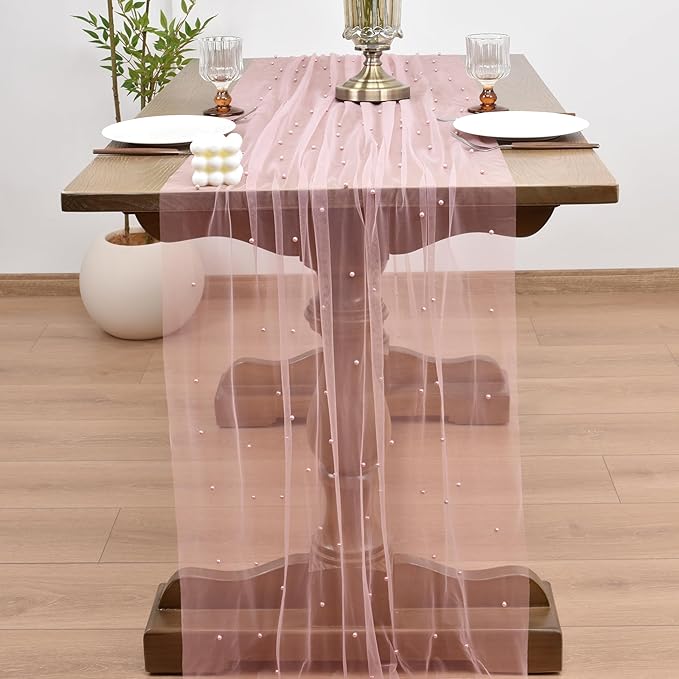 Joanlody Fall Pearl Table Runner 10ft Rustic Boho Tulle Table Runner with Pearls for Baby Shower Wedding Party Veil Dessert Thanksgiving Table Decor Dusty Rose 4pcs