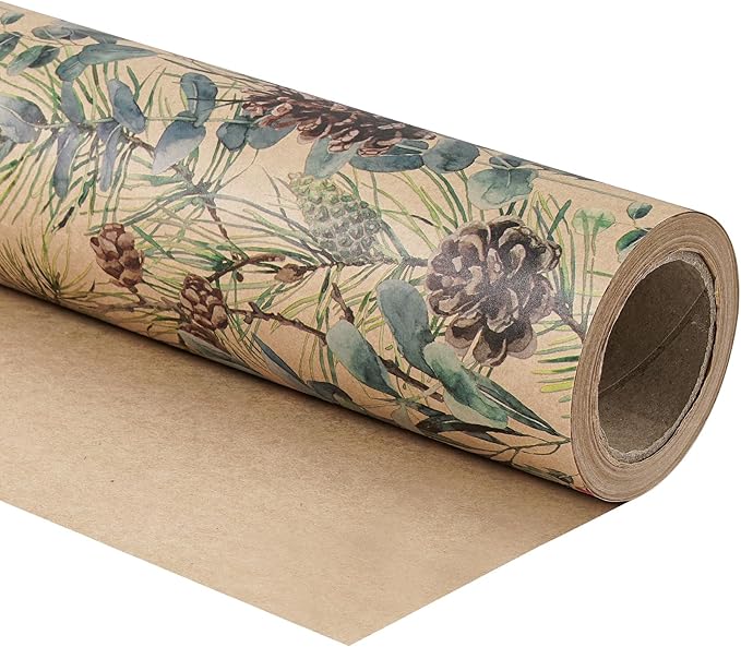 RUSPEPA Kraft Christmas Wrapping Paper Roll, Mini Roll, Watercolor Pinecone and Eucalyptus Leaf Design, Kraft Gift Wrap for Christmas, Winter Holiday Party, Rustic Natural Theme, 17 Inches x 16.4 Feet