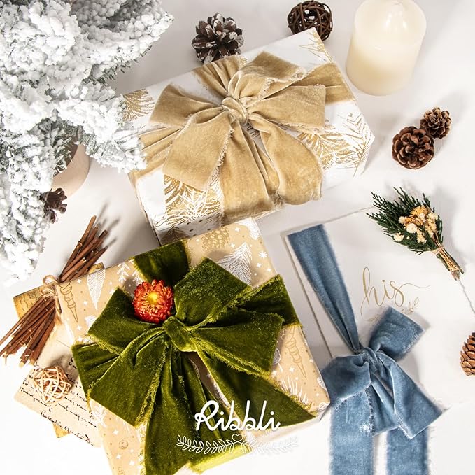 Ribbli Dusty Blue Velvet Ribbon 1.5 Inch Handmade Frayed Vintage Christmas Ribbon for Gift Wrapping Christmas Tree Ornament Wreath Craft Home Decor -Total 3 Yards with Wooden Spool