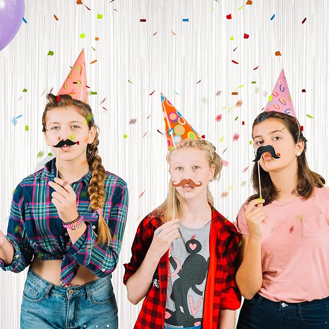 3 Pack 3.3x8.2 Feet White Foil Fringe Backdrop Curtains, Tinsel Streamers Birthday Party Decorations, Fringe Backdrop for Graduation, Baby Shower, Gender Reveal, Disco Party