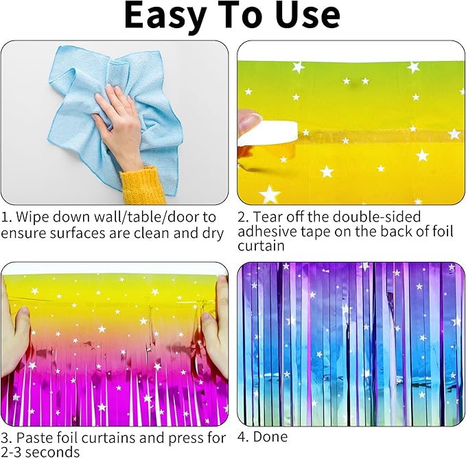 Rainbow Streamers Party Decorations - Thicken 4 Pack 3.2 x 8.2 FT - Rainbow Gradient Tinsel Foil Fringe Curtains, Photo Booth Props Backdrop for Birthday, 80s 90s Party Decorations