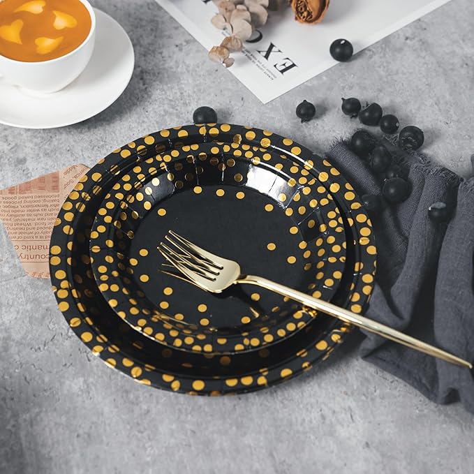 Lullaby 120PCS Black Paper Plates, Black and Gold Paper Plate, 60pcs Dinner Plates 9",60pcs Dessert Plates 7", Disposable Graduation Plates with Golden Dot for Birthday party, Halloween