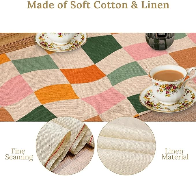 Hippie Table Runner, Vintage Geometric Square Orange Green Pink Grid 60s 70s Style Kitchen Dining Room Decor for Indoor Outdoor Wedding Party Table Runner 13x70 Inch