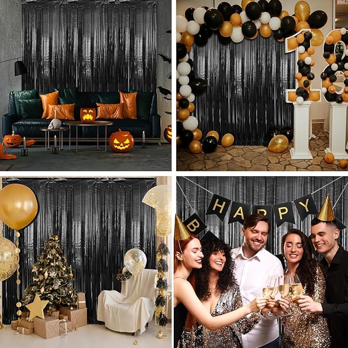 Crosize 8 Pack 3.3 x 9.9 ft Black Foil Fringe Curtains Party Decorations, Black Tinsel Curtain Backdrop for Parties, Door Streamers, Glitter Streamer Backdrop for Birthday Decoration