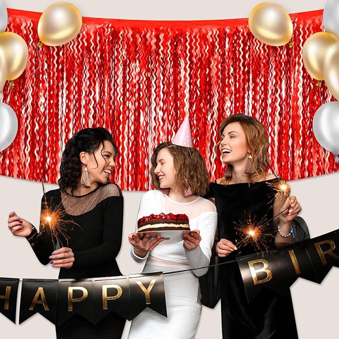 6 Pack 29x108 Inch Red Wave Foil Fringe Table Skirts Metallic Banner for Tinsel Streamer Garland Backdrop for Parade Floats Mother's, Graduate, Mardi Gras, Birthday, Wedding Party Decorations