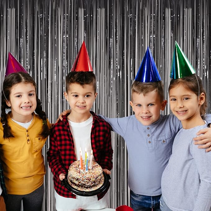 3 Pack 3.3x8.2 Feet Black Foil Fringe Backdrop Curtains, Tinsel Streamers Birthday Party Decorations, Fringe Backdrop for Graduation, New Years, Halloween, Disco Party