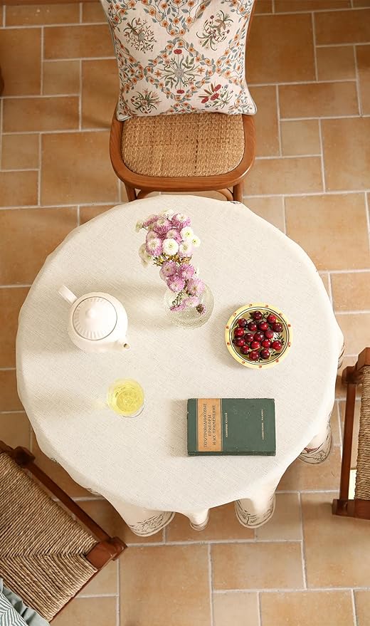 ISAENNE Designer Off White Linen Round Tablecloth,Floral Elegant Table Cloth,Stain Resistant Vintage Decor Tablecloths for Dining Thanksgiving Kitchen Christmas,Diameter 67"-Serenity G