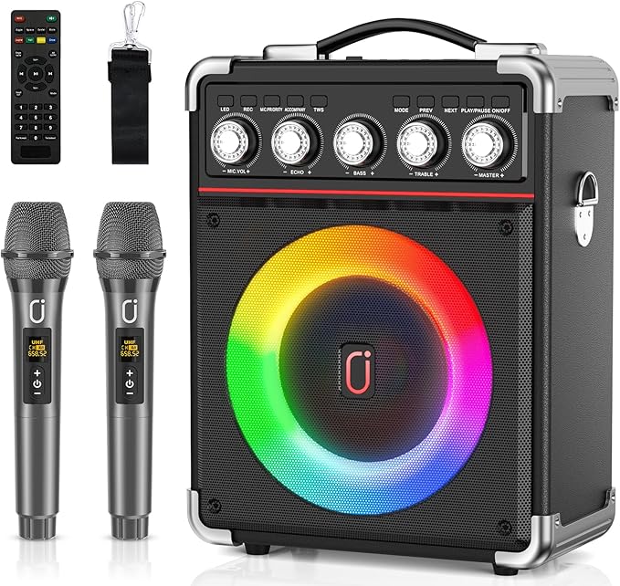 Karaoke Machine with 2 Microphones: HWWR Portable Karaoke Machine for Adults Kids, Party Bluetooth Speaker with Bass/Treble Adjustment, PA System with Remote Control/LED Lights, Support REC/USB/AUX