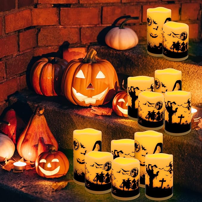 12-Pack Halloween-Flameless Led Pillar Candles,Remote Control and Timer Functions,