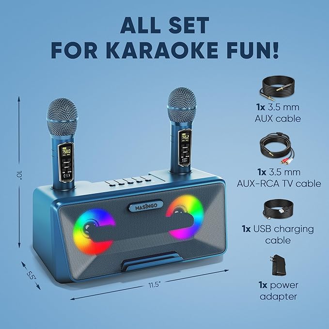MASINGO Karaoke Machine for Adults and Kids with 2 Wireless Microphones, Portable Bluetooth Singing Speaker, Colorful LED Lights, PA System, Lyrics Display Phone Holder, and TV Cable. Presto G2