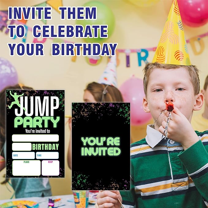 Jump Party Birthday Invitations, Glow Trampoline Birthday Party Invite Cards(20 Count) With Envelopes, Fill In Style Invite Cards For Boys & Girls, Birthday Party Supplies-B01