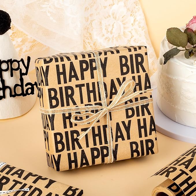 Yarcony Birthday Kraft Wrapping Paper Roll, Mens Gift Wrapping Paper - 17 Inch x 33 Feet - Vintage Style Brown Black Happy Birthday Gift Wrap Thick Present Sheet for Holiday, Party, Father's Day