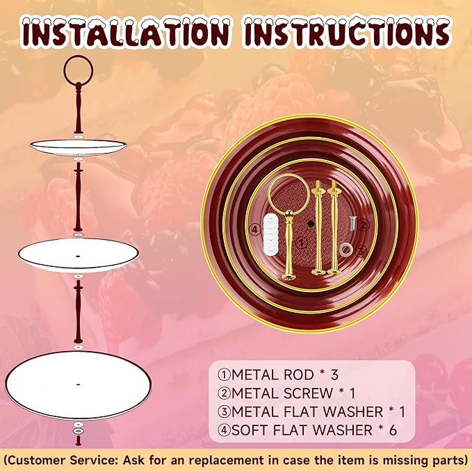 PinCute Cupcake Stand Holder - 3 Tier Cup Cake Dessert Stands, Plastic Tiered Serving Tray&Metal Rod for Birthday Party, Wedding, Tea Party, Baby Shower-Red
