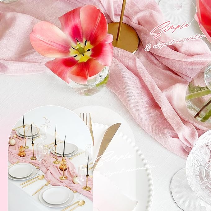 Aktor 12 Pack Pink Table Runner Boho Cheesecloth Table Runner Semi Sheer Gauze Fabric Runners for Wedding Birthday Baby Shower Party Boho Table Decoration(Pink)
