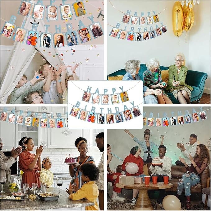 Birthday Photo Banner, Suitable for Kids and Adults Birthday Party Decoration, Annual Milestone Blue Happy Birthday Banner (blue)