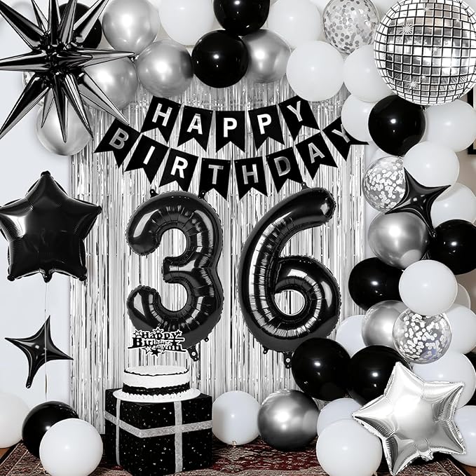 36th Birthday Decorations for Men Women, Black Silver Happy Birthday Party Decorations, 36 Year Old Party Supplies with Number 36 Balloons, Banner, Fringe Curtains Kit