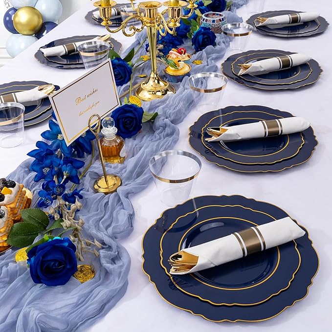 Liacere 350PCS Navy Blue Plastic Plates-Disposable Blue Gold Plates 50guest Plastic Dinnerware include 100Plates,50Pack Pre Rolled Napkins with Silverware 50Cups for Wedding&Halloween