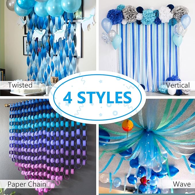 PartyWoo White and Blue Crepe Paper Streamers 4pcs 328ft Pack of Light Blue Pearl White Crepe Paper Streamers for Birthday Gender Reveal Baby Shower Graduation Pool Under The Sea Party Decorations
