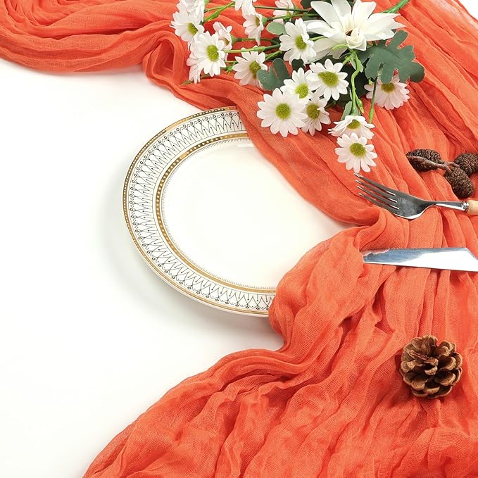 12 Pack Fall Thanksgiving Table Runner Orange 10ft Boho Gauze Fabric Cheesecloth Table Runner 35 x 120 Inch Rustic Sheer Runner for Wedding Home Décor Halloween Party Table Centerpiece Decorations