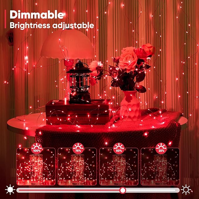 2 Pack 16.4 Ft. Battery Operated Outdoor String Lights with Remote & Timer, LED Red Fairy Lights, Waterproof Twinkle Lights for Bedroom, Dorm, Mason Jar, Wedding, Party, Christmas