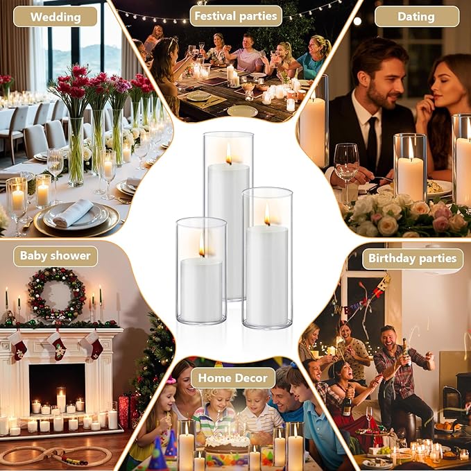 24 PCS White Pillar Candles with Glass Candle Holders Clear Hurricane Candle Holders Glass Cylinder Vases for Centerpieces Wedding Party, Event, Home Office (12 Candles+12 Candle Hoders)