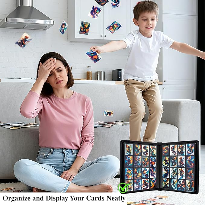 Trading Card Binder 16 Pocket with Display Window, 1024 Cards Capacity Card Binder, Waterproof PU Leather Photocard Baseball Card Binder for MTG, TCG, Sports Cards, Black