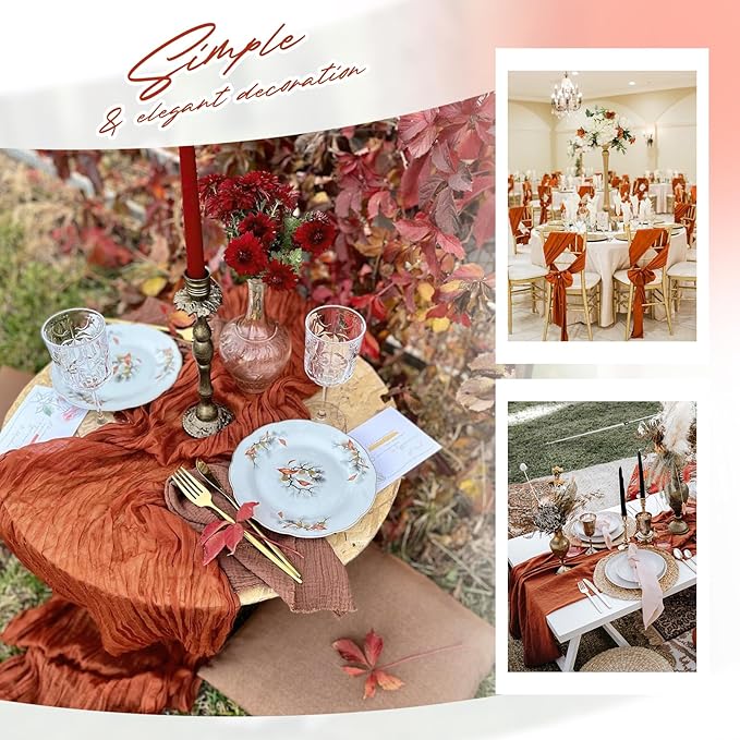 Aktor 12 Pack Terracotta Table Runner Boho Cheesecloth Table Runner Semi Sheer Gauze Fabric Runners for Wedding Birthday Baby Shower Party Boho Table Decoration(Terracotta)