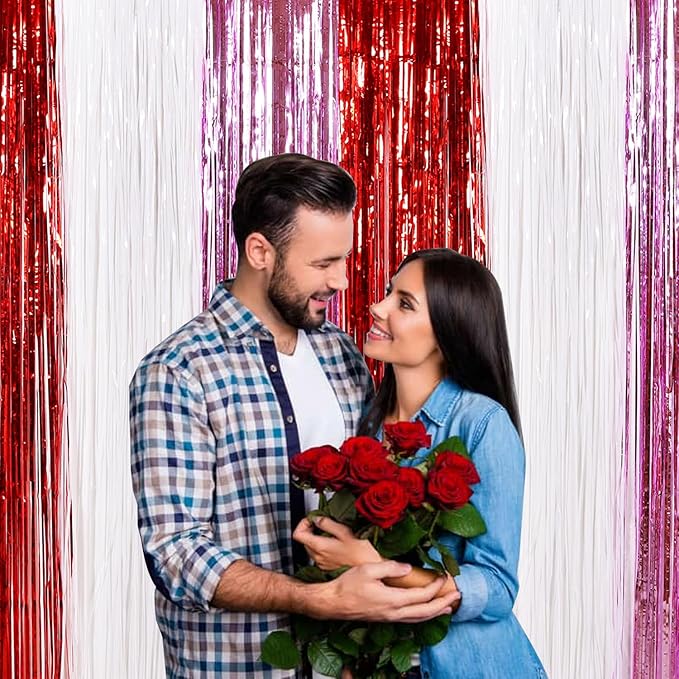 TONIFUL Valentine's Day Door Streamers,Red Pink and White Photo Booth Backdrop Metallic Streamers Foil Fringe Curtain for Birthday Valentine's Day Bridal Shower Engagement Party Decoration