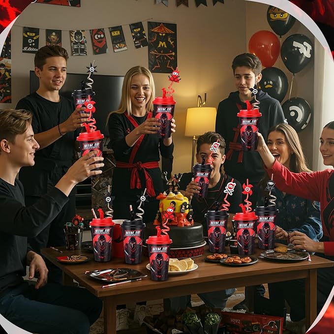 Yungyan 36 Sets Ninja Party Favors Goodie Cups with Lids and Straws for Birthday Decorations Reusable 16oz Plastic Candy Cups Plastic Straws for Birthday Party (Ninja)