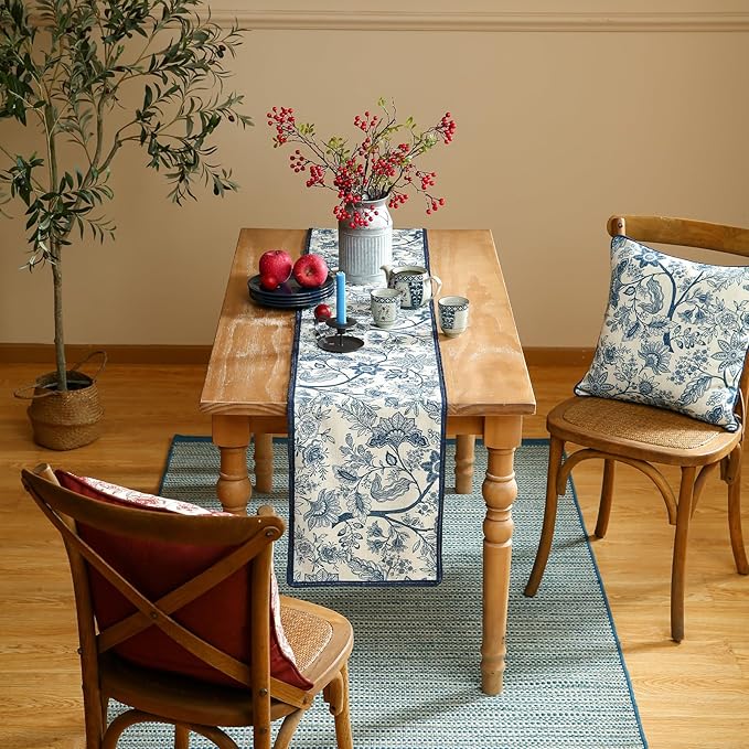 ISAENNE Designer Chinoiserie Elegant Linen Extra Long Table Runner 118 Inches,Blue Floral Pattern Decor Table Runners for Thanksgiving,Dining Room,Banquet,Kitchen Tables,Christmas,12"*118"-Ruyi B