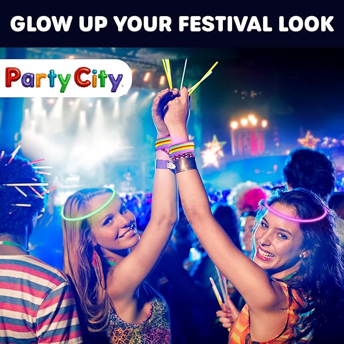 Party City 50 Glow Sticks Bulk Party Pack 8”– Neon Glow in the Dark Party Supplies, Glowsticks with Connectors Bracelets & Necklaces, Light Up Favors for Kids, Adults, Birthdays, Parties, Decorations
