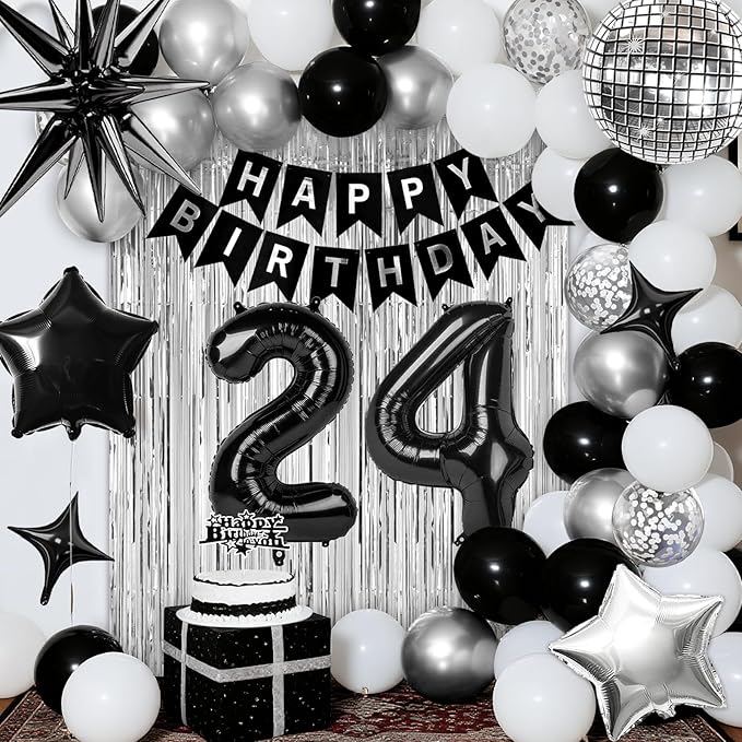 24th Birthday Decorations for Men Women, Black Silver Happy Birthday Party Decorations, 24 Year Old Party Supplies with Number 24 Balloons, Banner, Fringe Curtains Kit
