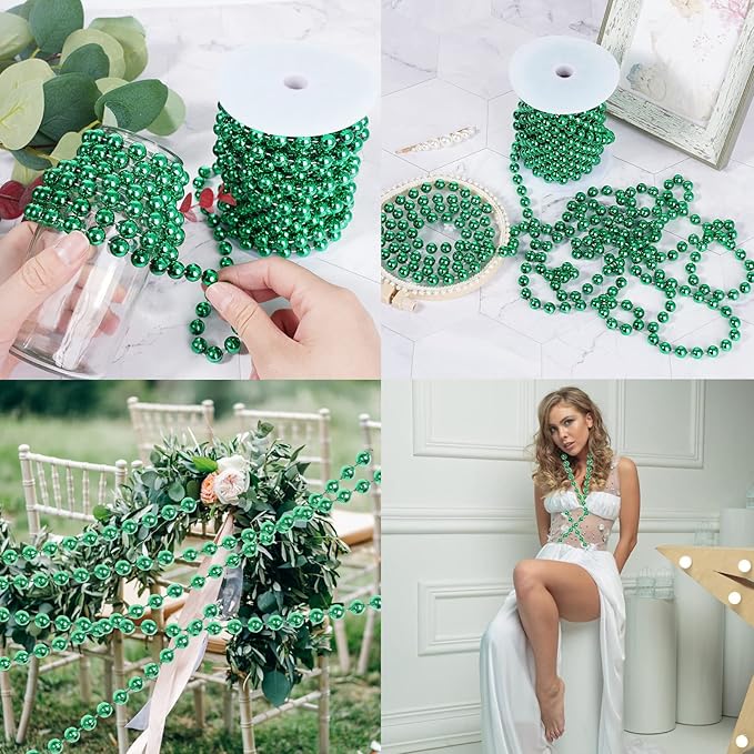 Faux Pearl Bead Garland - 10mm Christmas Tree Beads 11 Yards Green Pearl Strands Spool Roll for Wedding Party Christmas Tree Decoration
