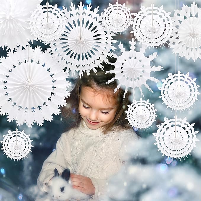 BestoFun 12 PCS White Paper Snowflake Decorations Frozen Birthday Party Supplies Winter Wonderland Party Decorations Christmas Large Snowflake Decorations Hanging Snowflake Decorations