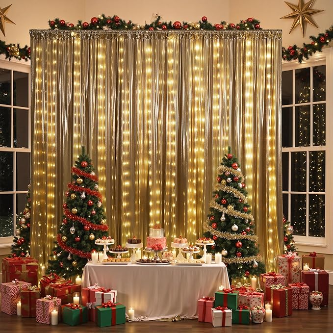 PartyVillage 10x10FT Champagne Gold Sequin Backdrop Curtain with String Lights – 2 Panels 5x10FT Sparkly Wrinkle-Free Glitter Backdrop Drapes for Wedding, Birthday, Photography, Graduation Party Décor