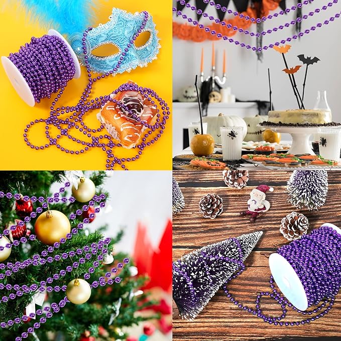 Faux Purple Pearl Beads Garland - 6mm Christmas Tree Beads 22 Yards Spool Pearl String Roll for Wedding Party Christmas Tree Decoration