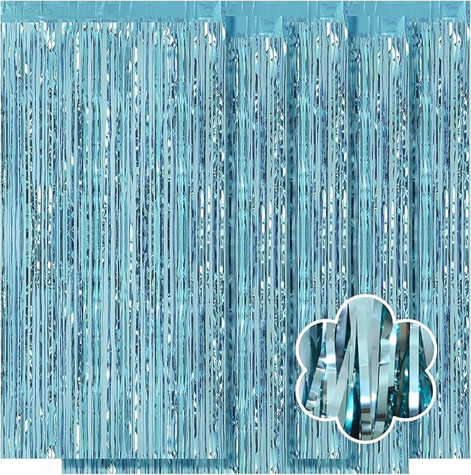 5 Pack Blue Foil Curtain Backdrop 3.2ft x 9.8ft Metallic Tinsel Foil Fringe Curtains Streamer Photo Booth Backdrop for Birthday Party Engagement Bachelorette Party Decorations (Light Blue)