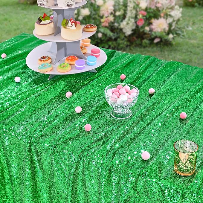 QueenDream Rectangle Tablecloth 90x132 Inches Green Sequin Table Clothes Overlay Birthday Decorations